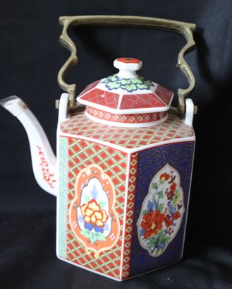 Large Hexagonal Japanese Porcelain Teapot Floral Panels And Brass Handle.