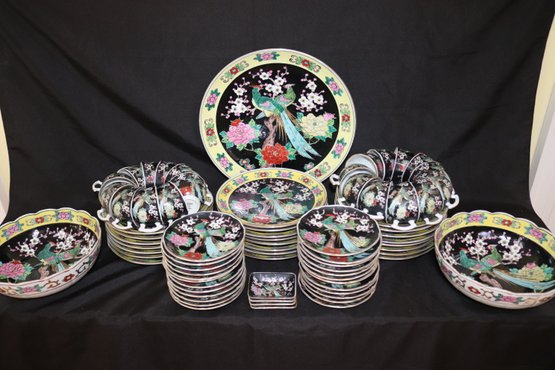 Extra-large Set Of Dinnerware By Gold Imari Of Hand Painted Porcelain Featuring Birds Of Paradise & Flower