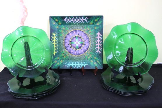 Hand Painted Australian Aboriginal Art Platter & 10 Green Curved Glass Plates
