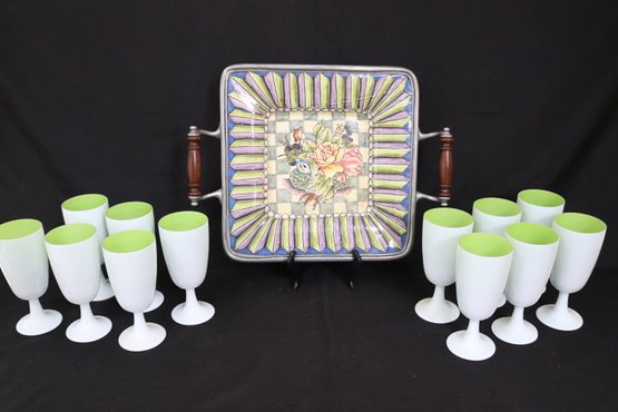 MCM Set Of 12 Cased Glass Wine Goblets Possibly Carlo Moretti And Victoria & Richard Serving Platter