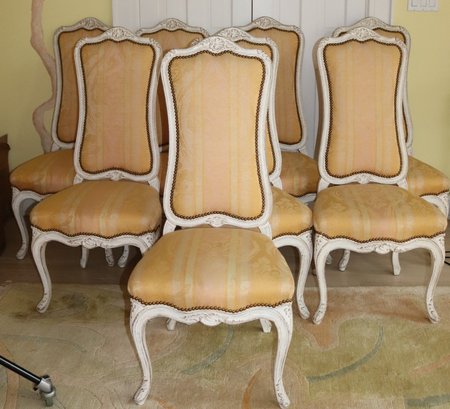 Set Of 8 French Transitional Louis XV Style Dining Chairs With Silk Damask Fabric & Whitewashed Wood Finis