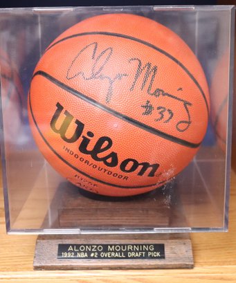 Alonzo Mourning Autographed Basketball In Case With Stand And COA By The Scoreboard Inc