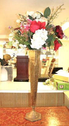 Tall Brass Vase With Impressive Floral Arrangement