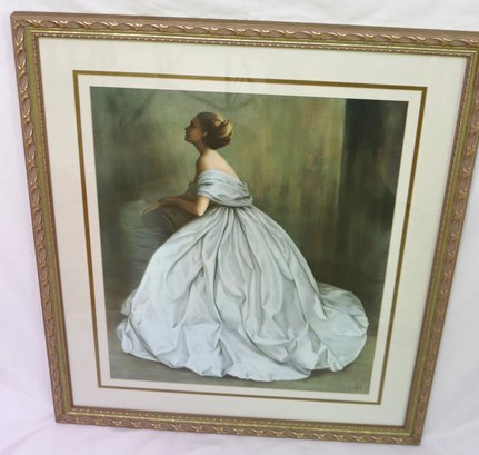 Vintage Print After Joanne Pemberton- Elegant Woman In White Satin Dress In An Elegant Gold Frame.