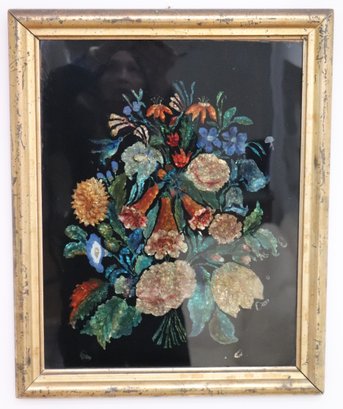 Victorian Foil Painting On Black Painted Glass In Original Gold Frame
