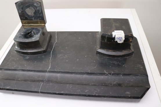 Antique Black Marble Inkwell With Marble Base
