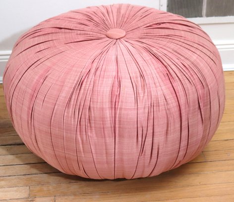 Midcentury Era Round Pouf / Ottoman With Pleated Pink Silk Fabric On Casters.