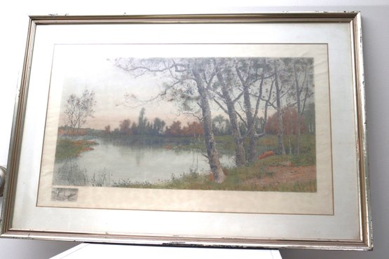 Melancholy Print Of Forest Scene With Trees And Pond In Silver Frame