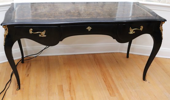 Louis XV Style Black Lacquered Partners Desk With Ormolu And Leather Top With Tortoise Shell Finish.
