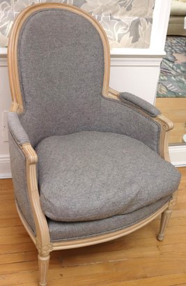Louis XVI Style Armchair With Down Pillow And Grey Wool Fabric By Fine Arts Furniture.
