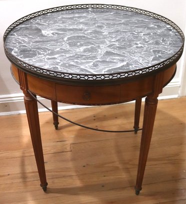 Vintage Circa 1940s Bouillotte Marble Top Table With Two Drawers And Pull-out Panels With Leather Tops.