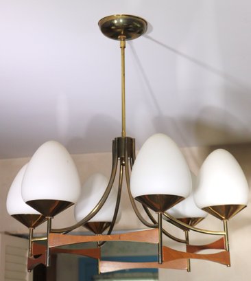 Original Vintage MCM Wood/ Brass Ceiling Fixture With Six Lights In Very Good Clean Condition, Amazing Piece!
