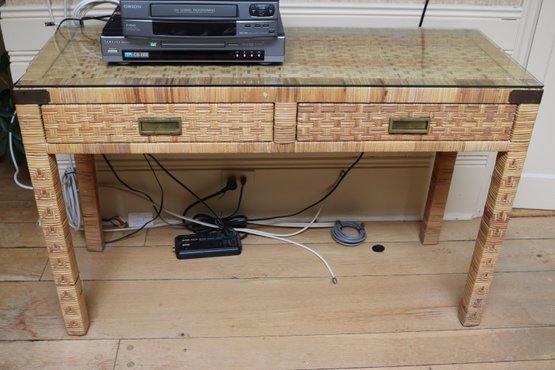 Vintage Bieckley Rattan 2 Drawer Desk With Brass Handles.