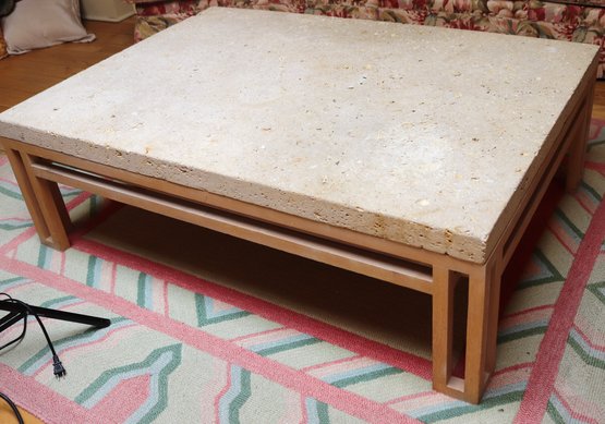 A Heavy, Midcentury Rectangular Coffee Table With Fossil Sandstone Top, On A Wood Base.