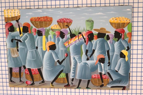 Haitian Painting Of Women With Fruit Baskets Signed Alix Baptiste.