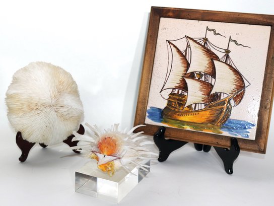 HandPainted Tile Of Sail Ship With Shell, And Bowl Corral.