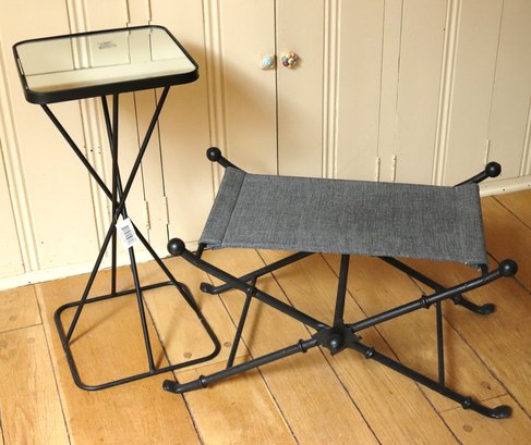 A Heavy Iron, Folding Stool, And Contemporary Side Table With Mirror Top.