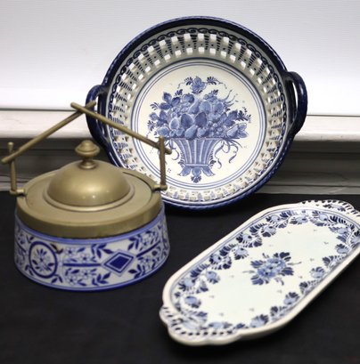 Three Pieces Of Blue, White Dutch And Delft Ceramic Pieces.