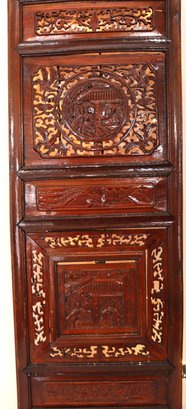 Vintage Carved Wood Asian Panel With Embossed Scenery & Attached Lights