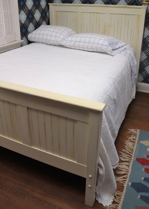 A Full-size Plank Style Bed Painted Off White, Including A Sealy Posturepedic Mattress.