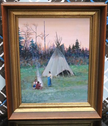 Small Oil, Painting Of Native Americans, Tending A Fire In The Woods Next To A Tent.