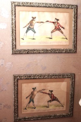Second Pair Of Hand Colored Sword Fighting Prints In Antique Frames