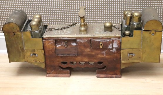 Antique Turkish Shoe Shine Box In Brass And Wood Includes 8 Glass Bottles With Brass Covers.