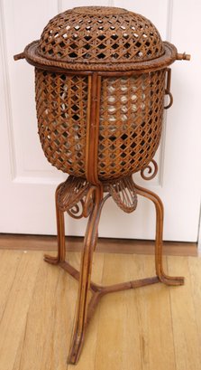 A Vintage Wicker Standing Sewing / Yarn Basket