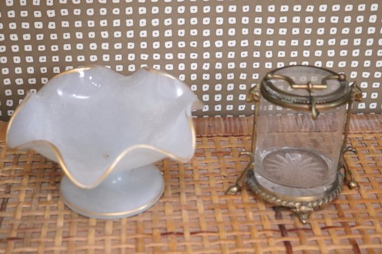 An Opaline Glass Wavy Rim Candy Dish And A Round Glass And Brass Watch Holder.