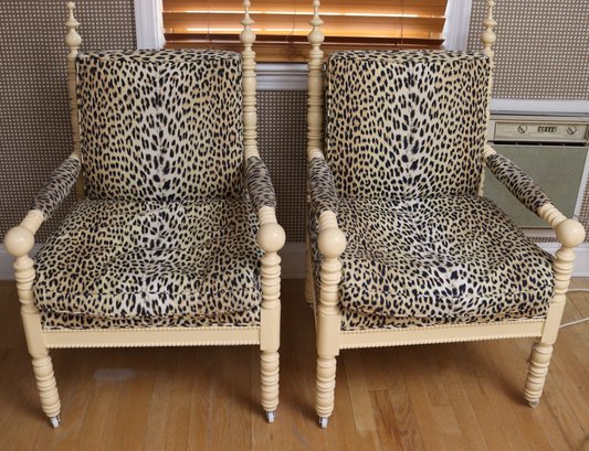 Pair Of Funky Vintage Turned, Wood, Armchairs, Painted Beige With Leopard Fabric