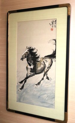 Vintage Watercolor Or Ink On Paper Artwork Of Galloping Asian Horse With Chinese Calligraphy & Stamp