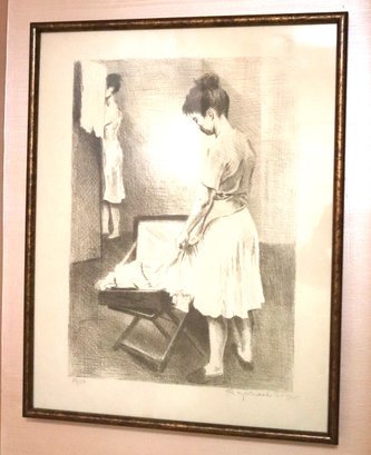 Pencil Signed Lithograph Attributed To Raphael Soyer Of Young Woman Packing Suitcase