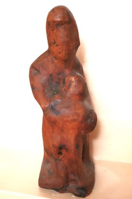 Carved Burlwood Sculpture Of Mother & Child Signed By Artist