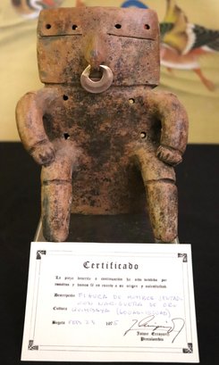 Pre-Colombian Figure Of Seated Man With Gold Nose Ring With Certificate Paper 1975.