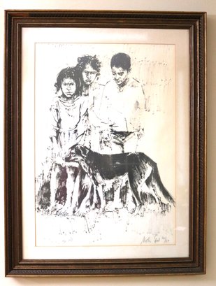 Moshe Gat Black & White Lithograph Of Children With Dog