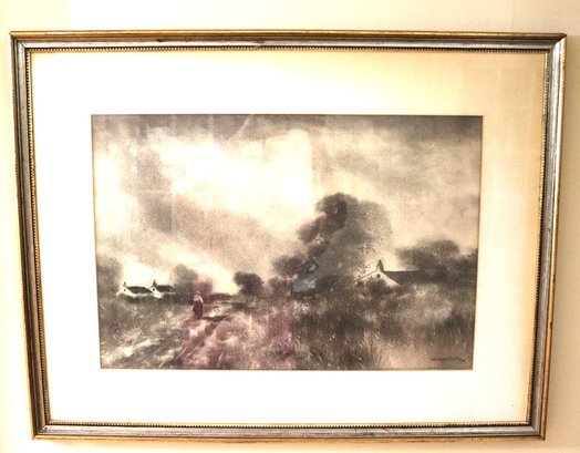 Signed Charcoal Artwork Of Rural Landscape With Homes & Female Figure By W. Meredith