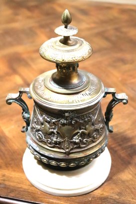 Antique Decorative Brass Or Bronze Covered Urn With Renaissance Motif On Marble Base