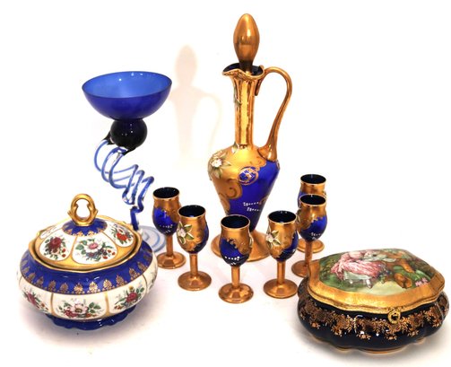 Beautiful Floral Hand Painted Decanter & Cordial Set, Unique Blown Art Glass Candle Holder, Limoges Victori