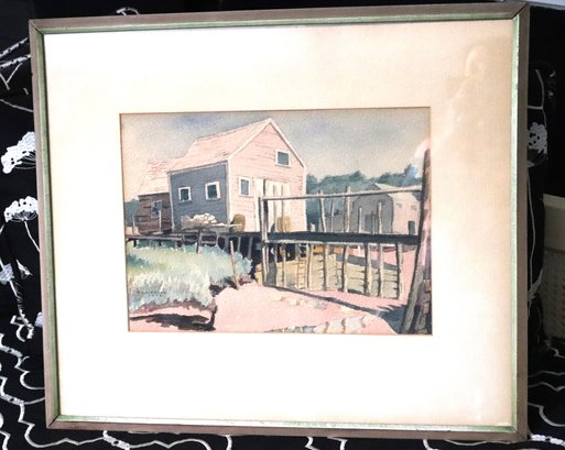 Watercolor Painting Of Charming Cottage And Bridge