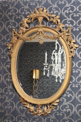 Ornate 22 KT Gold Painted Tuscany Oval Mirror With Harlan And Leaf Detail, Wood Wall Mirror With Beveled Edge
