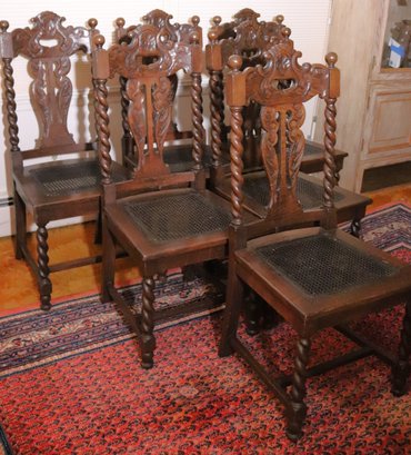 Set Of 6 Antique Oak Carved Wood Dining Chairs With Turned Spiral Legs, Woven Cane Seat Rest