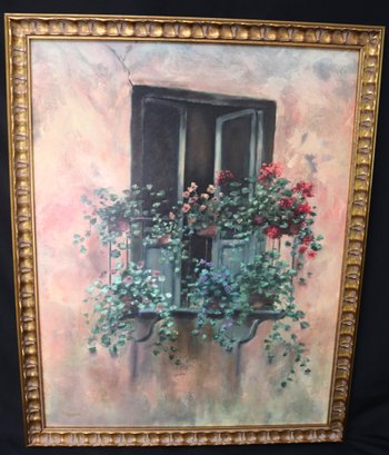 Framed Giclee Artwork, Signed Francesca, With Planted Geraniums On A Balcony