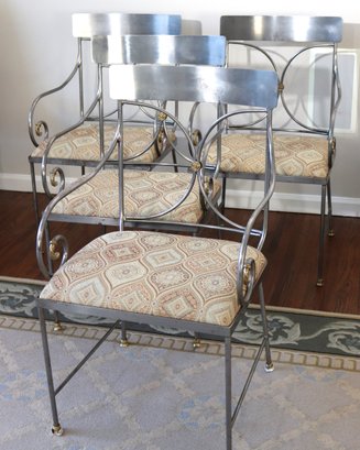 Set Of 4 Ornate Heavy Metal Polished Chrome/iron Chairs With Brass Accents And Custom Cushions