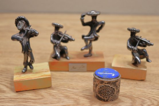 Sterling Silver Ben Zion Israel Klezmer Miniatures & Small Sterling Pill Container With A Blue Stone