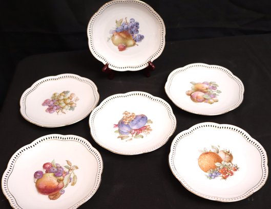 Set Of 6 Vintage Pierced Fruit Plates With Gold Painted Rim From Germany 1977 Accented -Tree Fruit Design