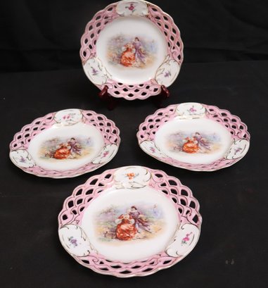 Set Of 4 Vintage Pierced Portrait Plates Of Lovers Courting With Hand Painted Gold Detail