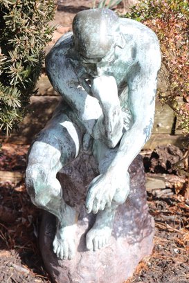 Vintage Thinking Man Bronze Garden Sculpture