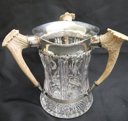 Large Sterling And Cut Glass 3 Antler Handled Ice Bucket, Stamped Sterling On Rim.