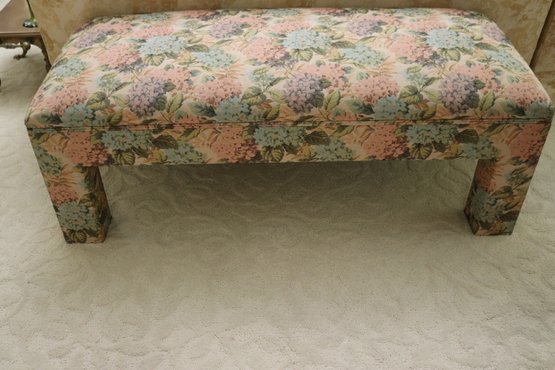 Parsons Style Upholstered Bench With Chunky Legs And Floral Fabric.