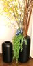 Two Restoration Hardware Hand Blown & Carved Glass Vases In Black With Faux Flowers